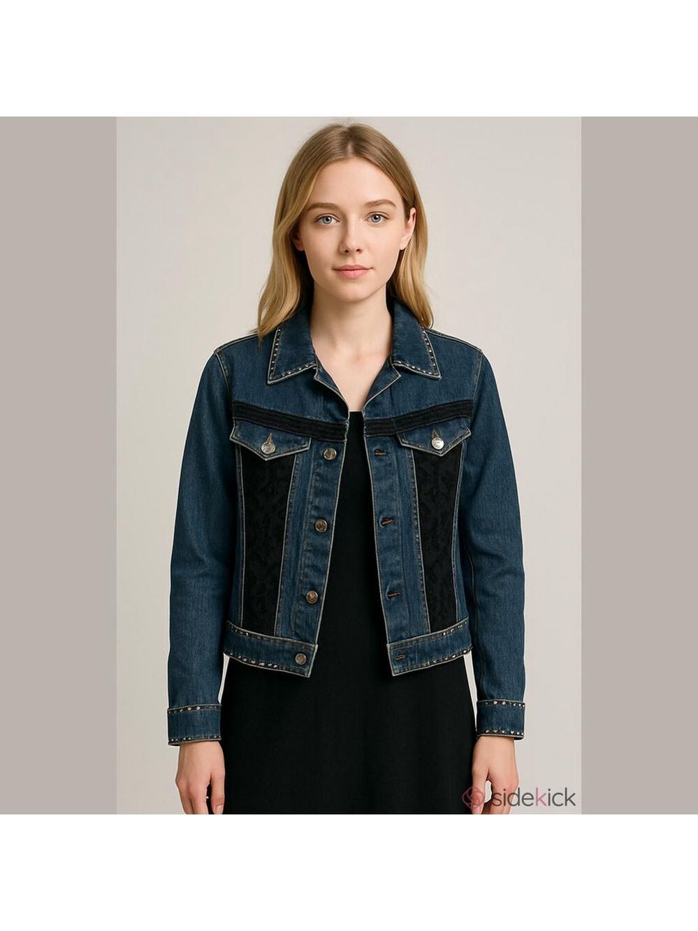 Vintage Denim Studded Jean Jacket Black Lace 90s classic festival Denim Jacket
